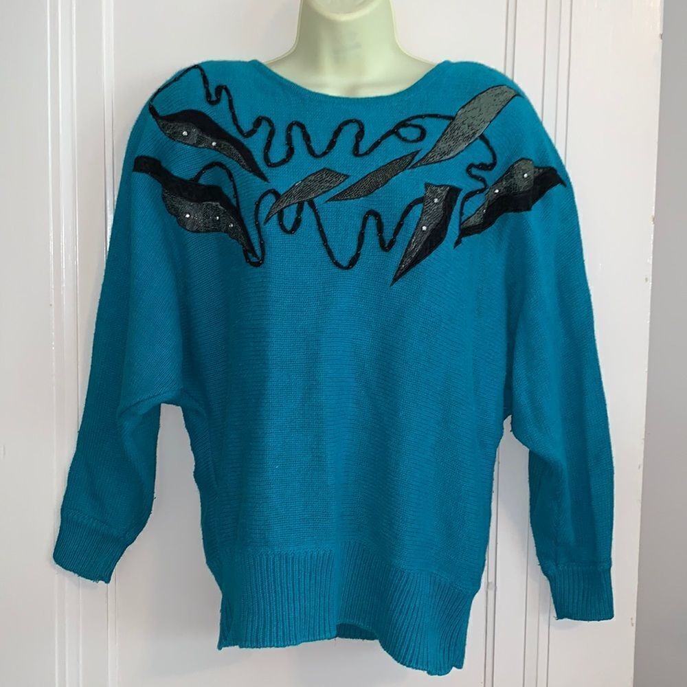 Vtg 80s P Galli embroidered‎ & beaded turquoise sweater with dolman sleeves